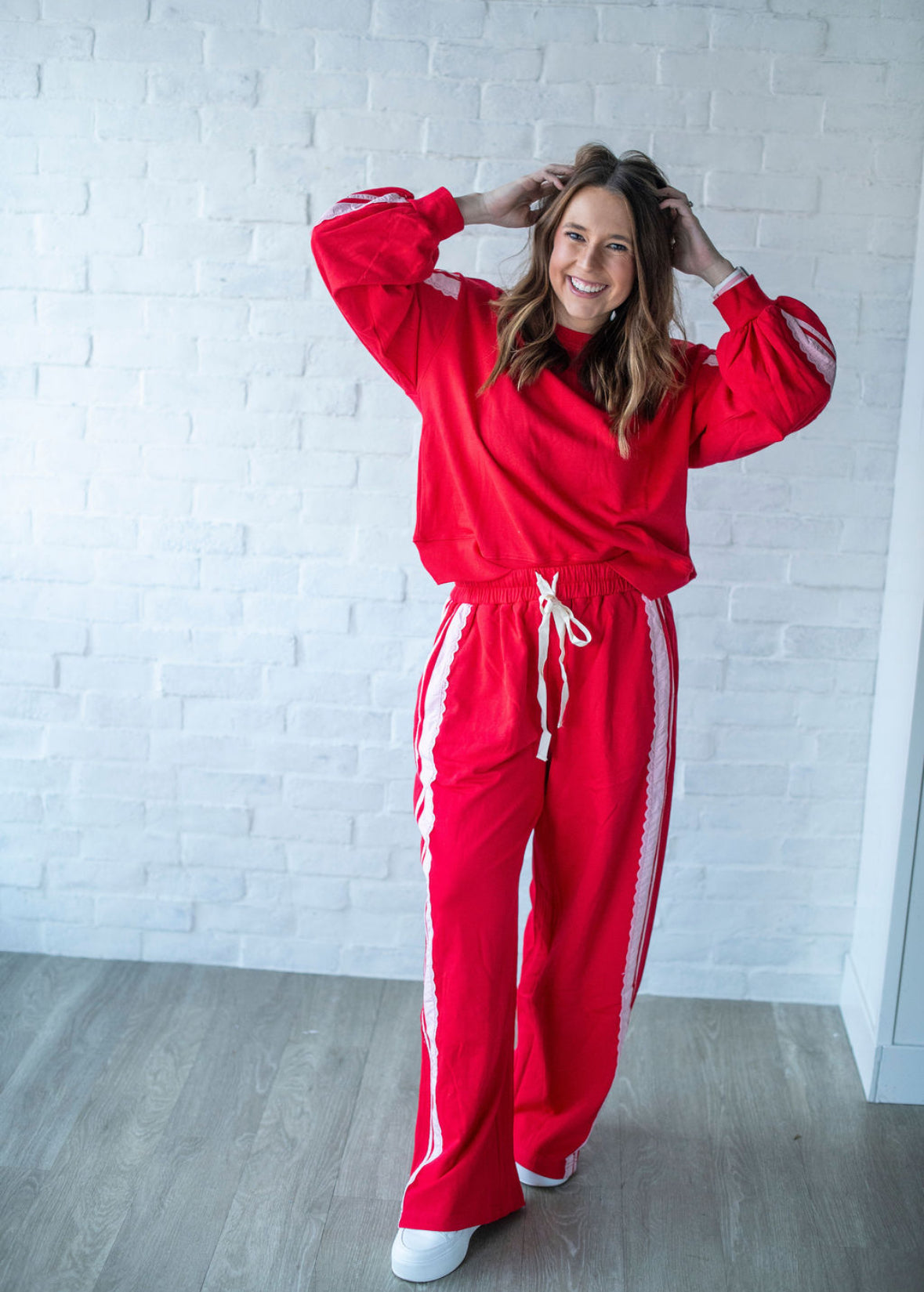 Red French Terry Lace Trim Pants