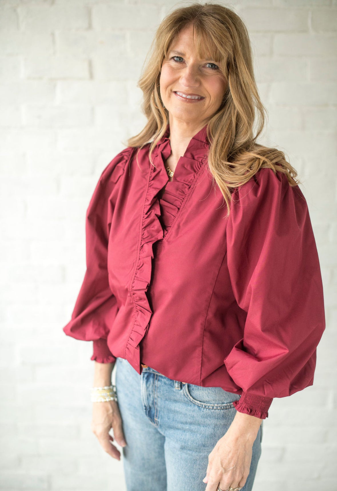 Burgundy Smocked LS Blouse