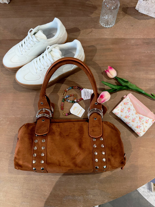 Brown Suede Double Belted Purse