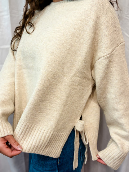 Cream Tie Split Oversized Sweater