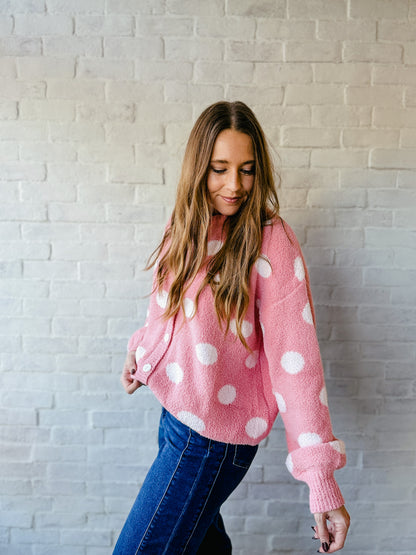 Pink Polka Dot Button Sweater