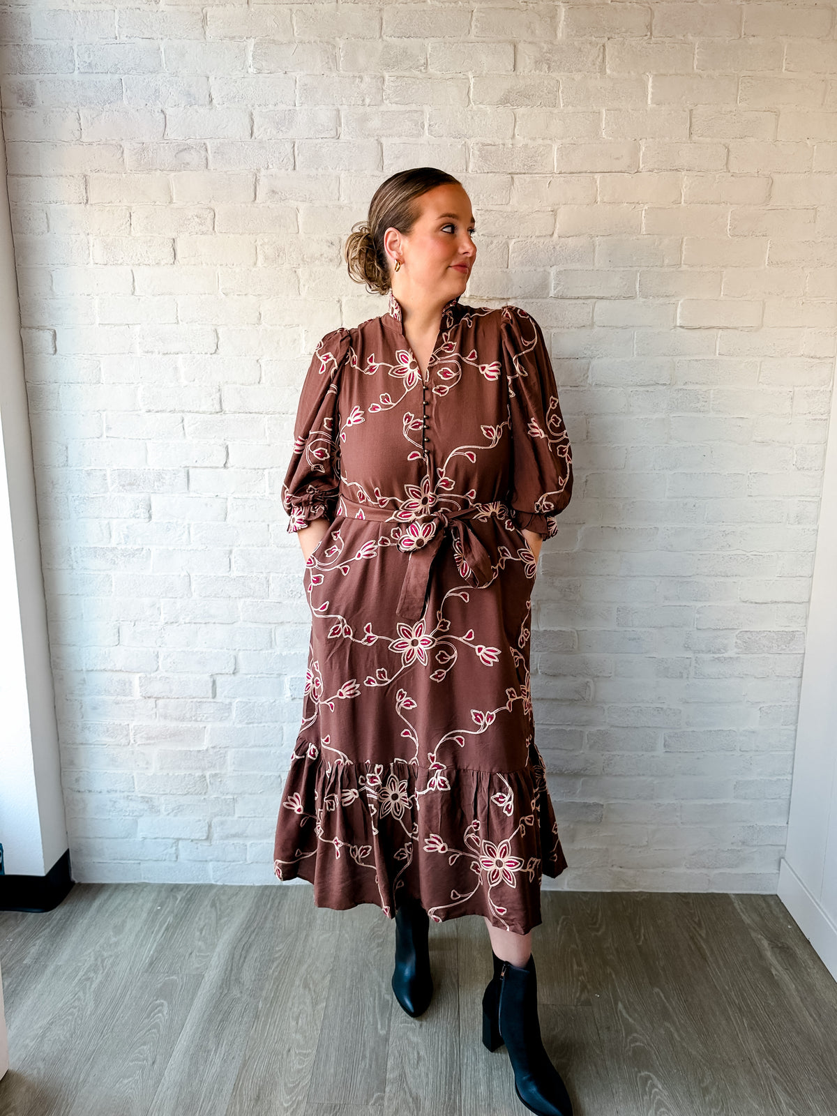 Brown Floral  Belted Midi Dress