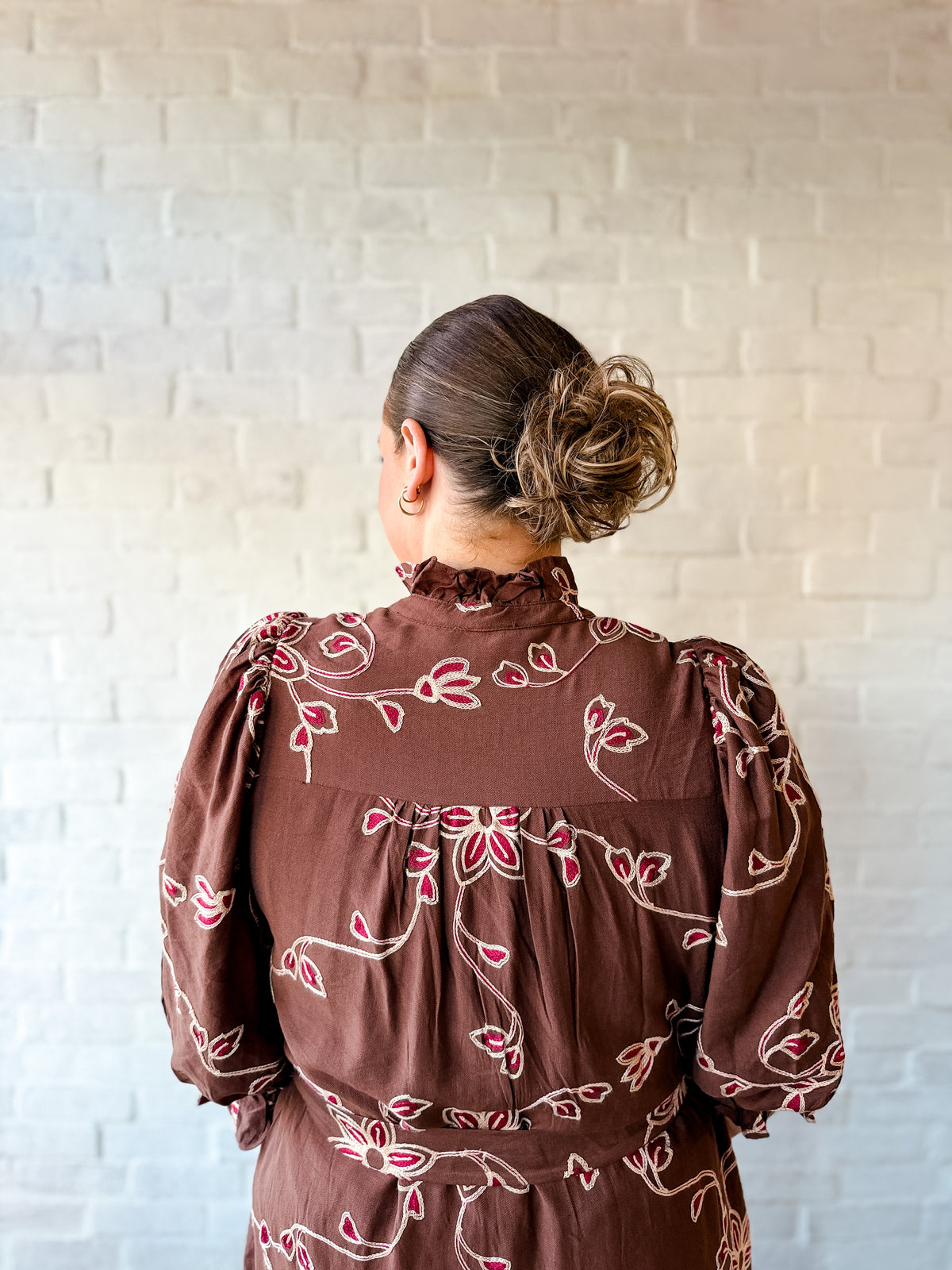 Brown Floral  Belted Midi Dress