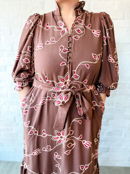 Brown Floral  Belted Midi Dress