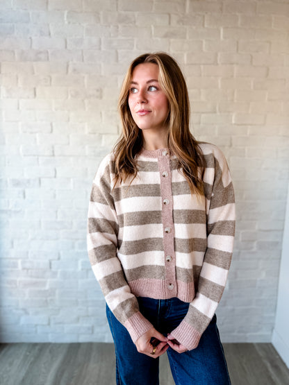 Mocha + Mauve Stripe Button Sweater