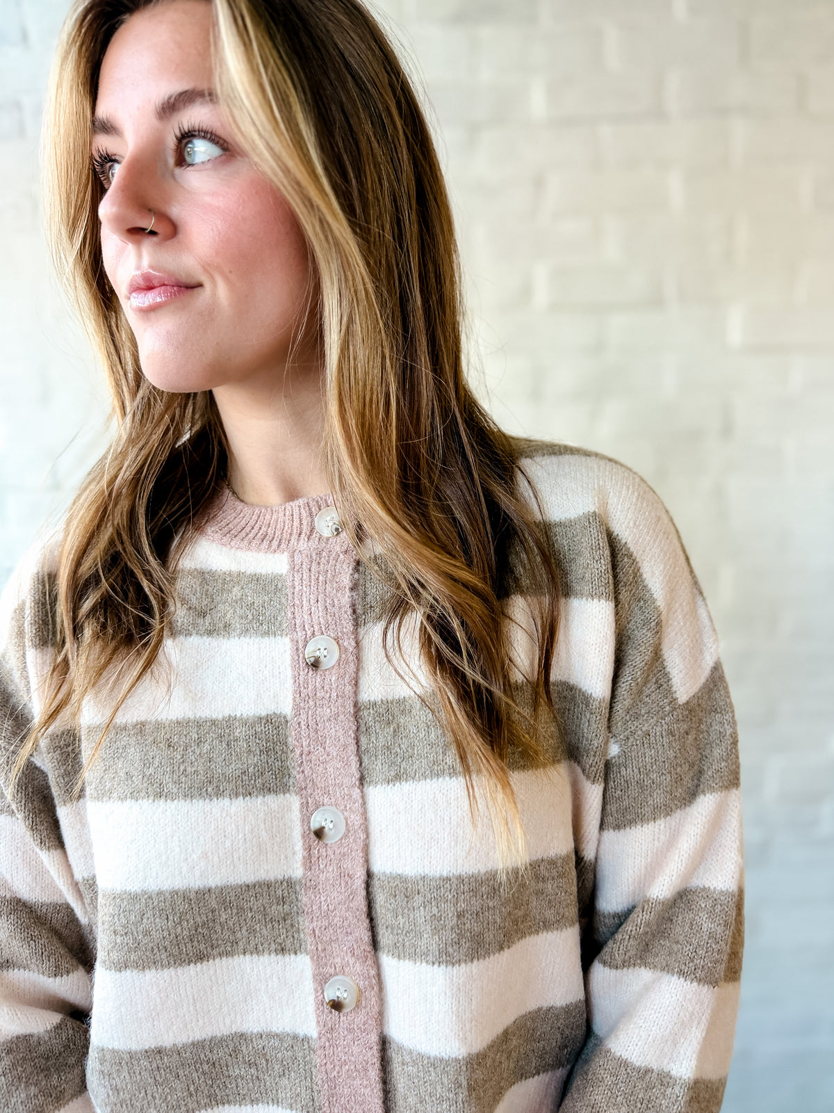 Mocha + Mauve Stripe Button Sweater