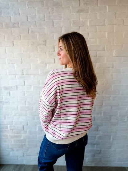 Cream + Pink Stripe Crewneck