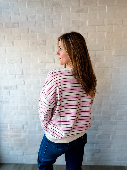 Cream + Pink Stripe Crewneck