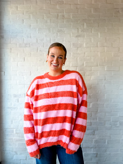 Hot Pink + Red Stripe Fuzzy Sweater