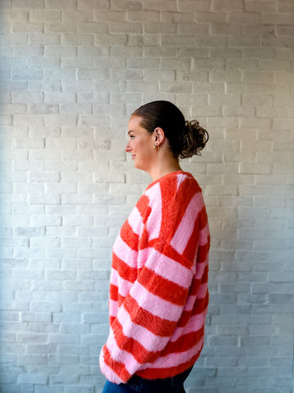 Hot Pink + Red Stripe Fuzzy Sweater