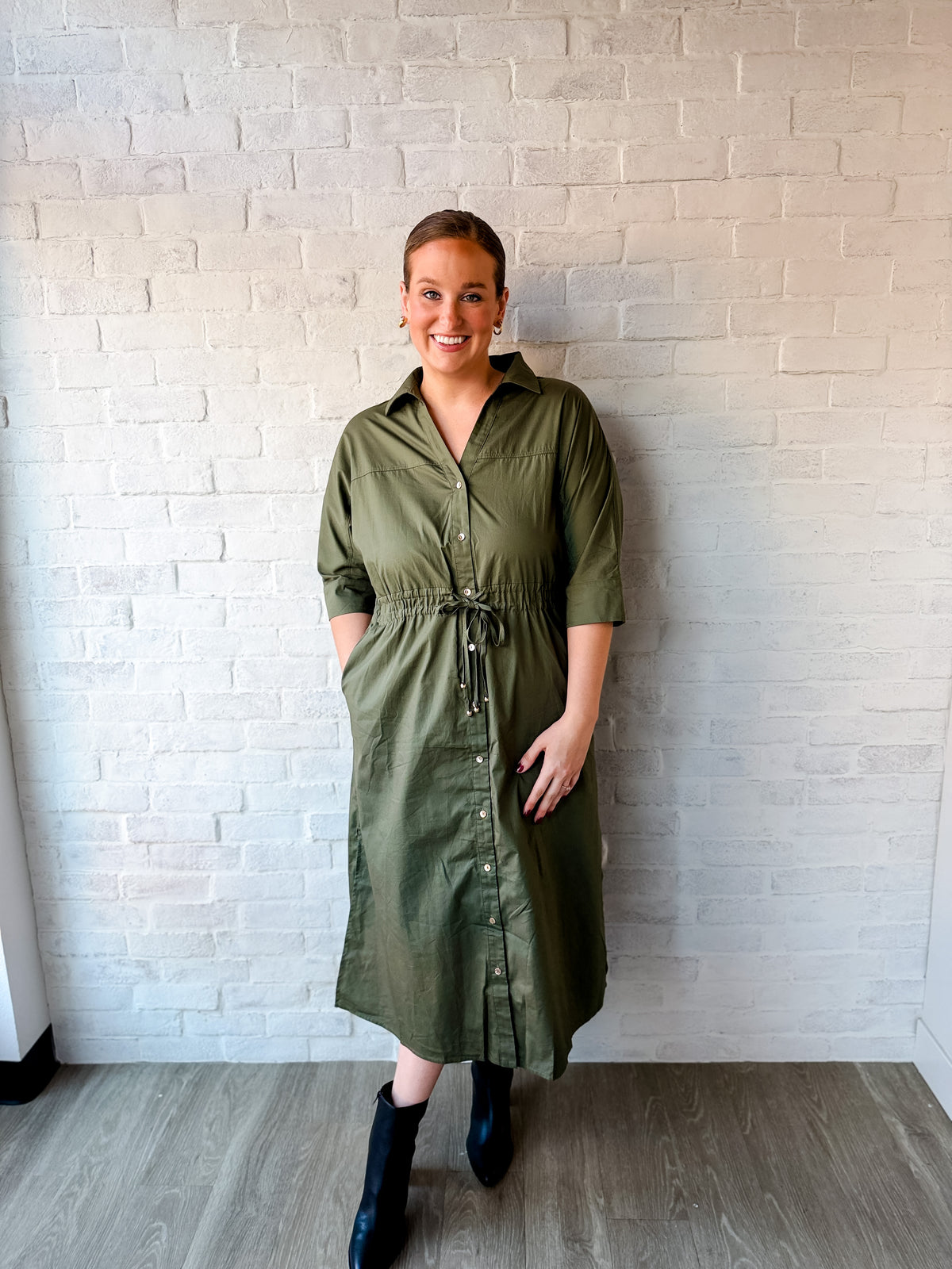 Olive 3/4 Sleeve Waist Tie Midi Dress
