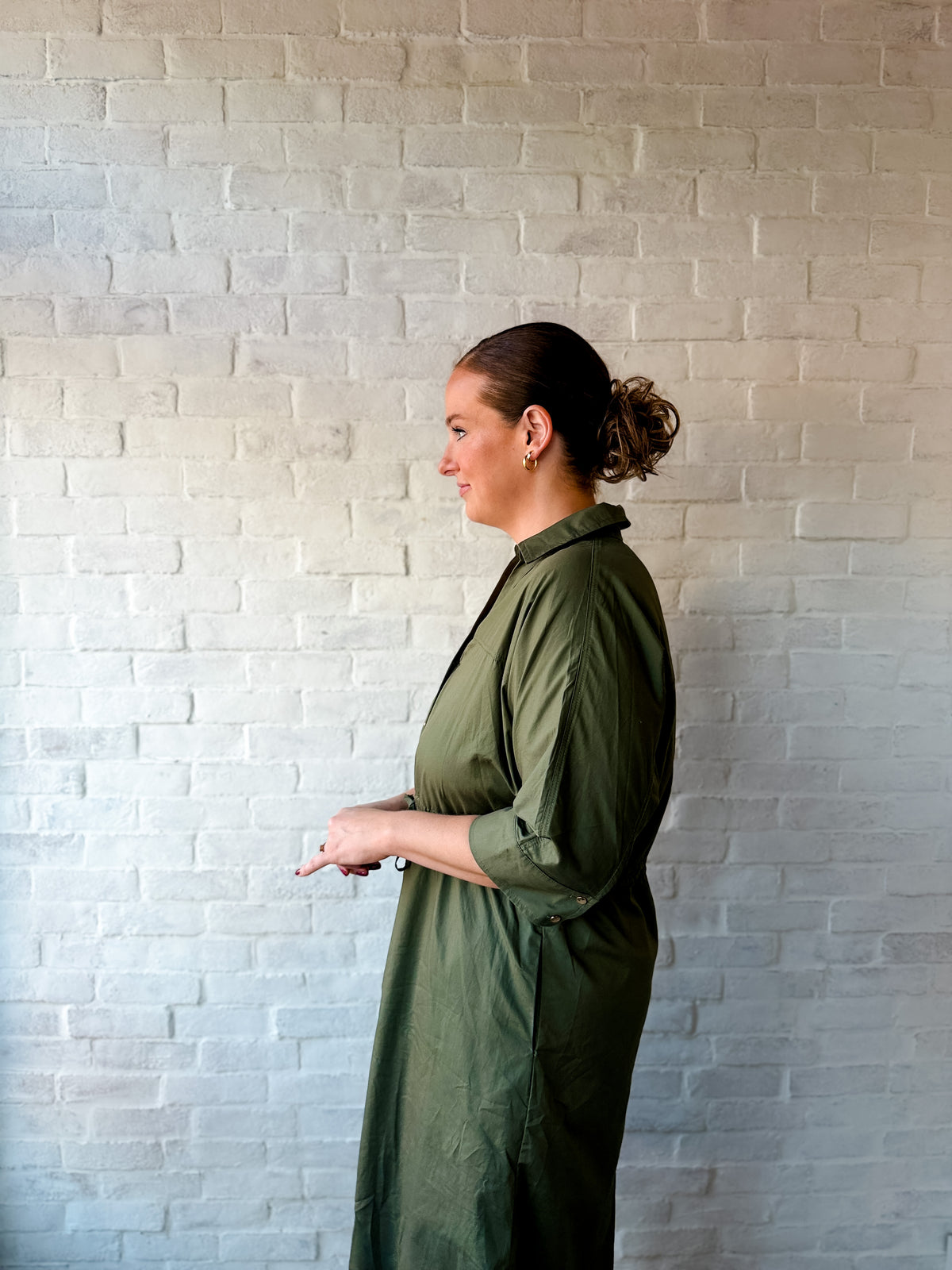 Olive 3/4 Sleeve Waist Tie Midi Dress