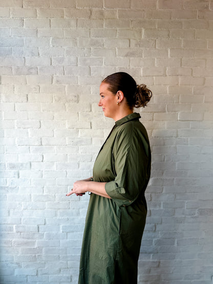 Olive 3/4 Sleeve Waist Tie Midi Dress