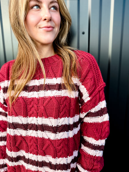 Maroon Stripe Cable Knit Crew Sweater