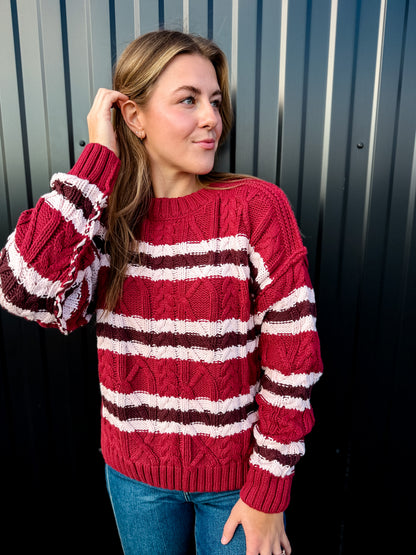 Maroon Stripe Cable Knit Crew Sweater
