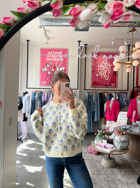 Cream + Blue Flower Button Sweater