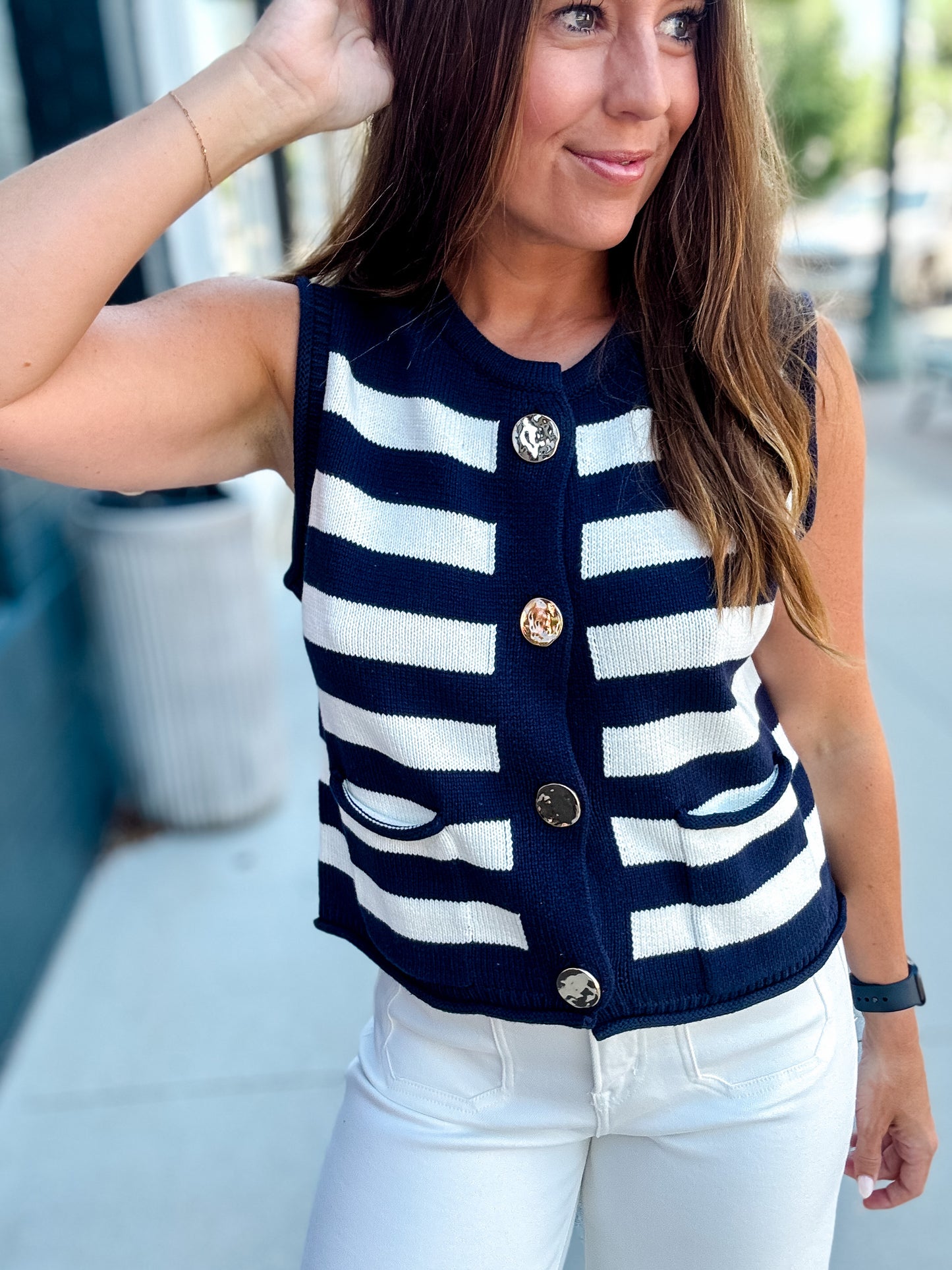 Navy + White Stripe Gold Button Sweater Tank
