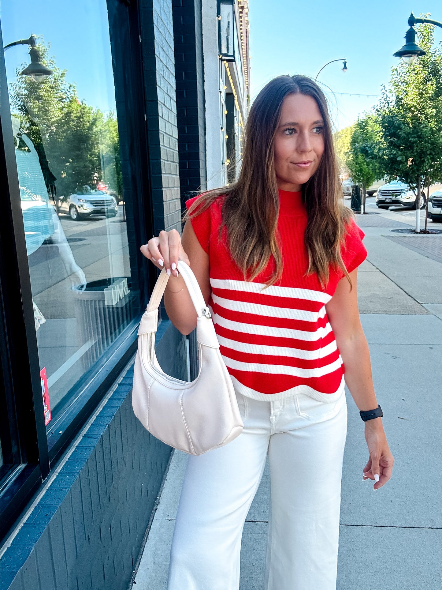 Red + White Stripe Cap Sleeve Sweater Top