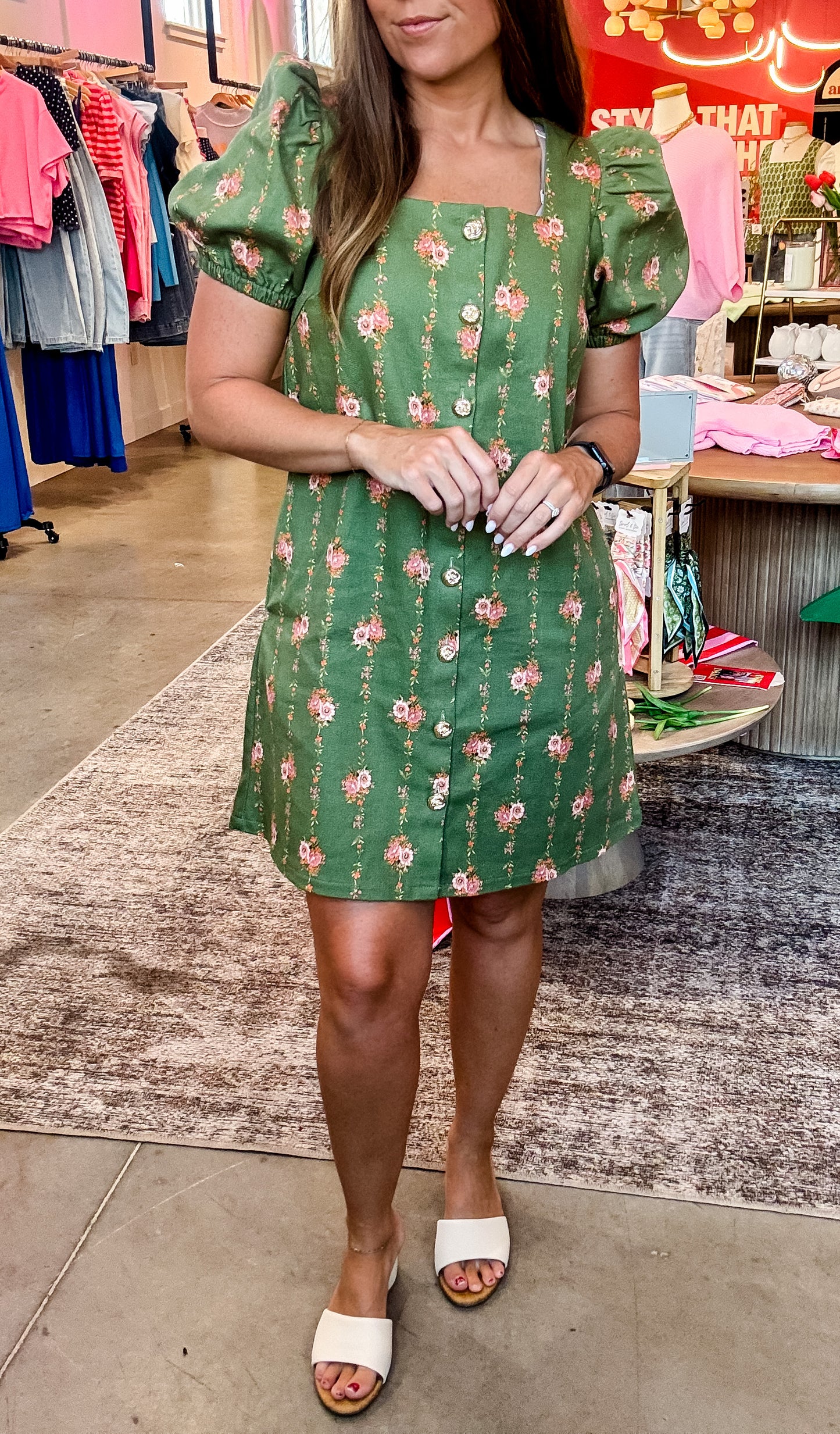Corduroy Floral Green Dress