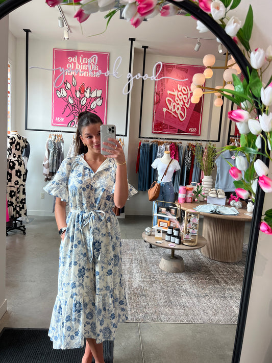 Blue Floral Midi Dress