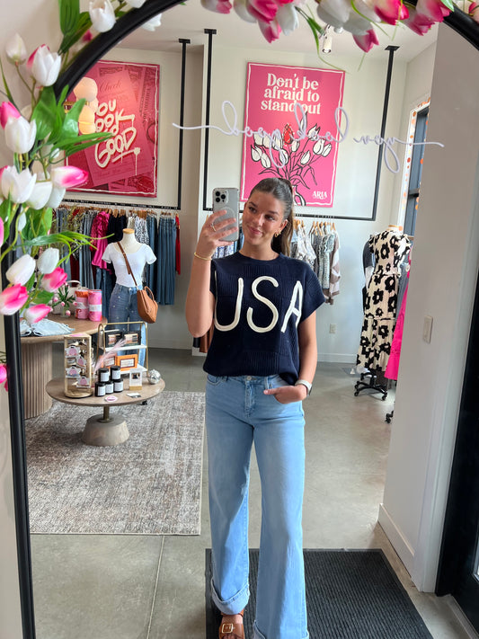 USA Embroidery Navy Top