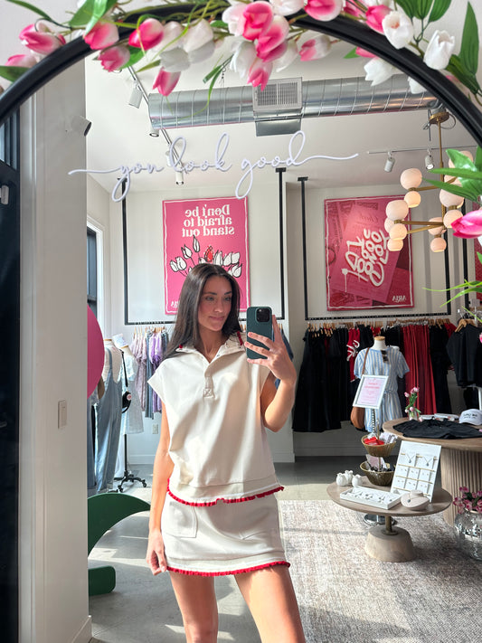 Ecru + Red Ruffle Mini Skirt