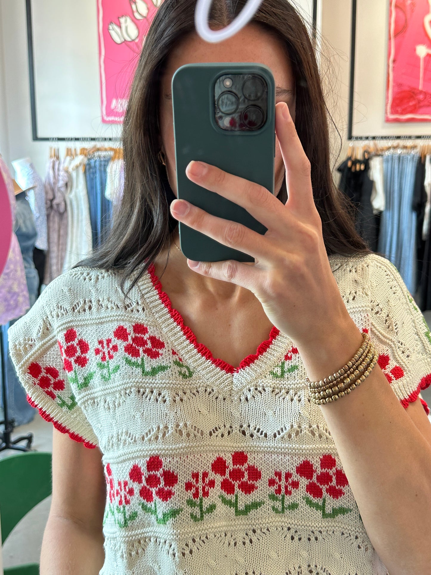 Ivory + Red Floral Knit Sweater Vest