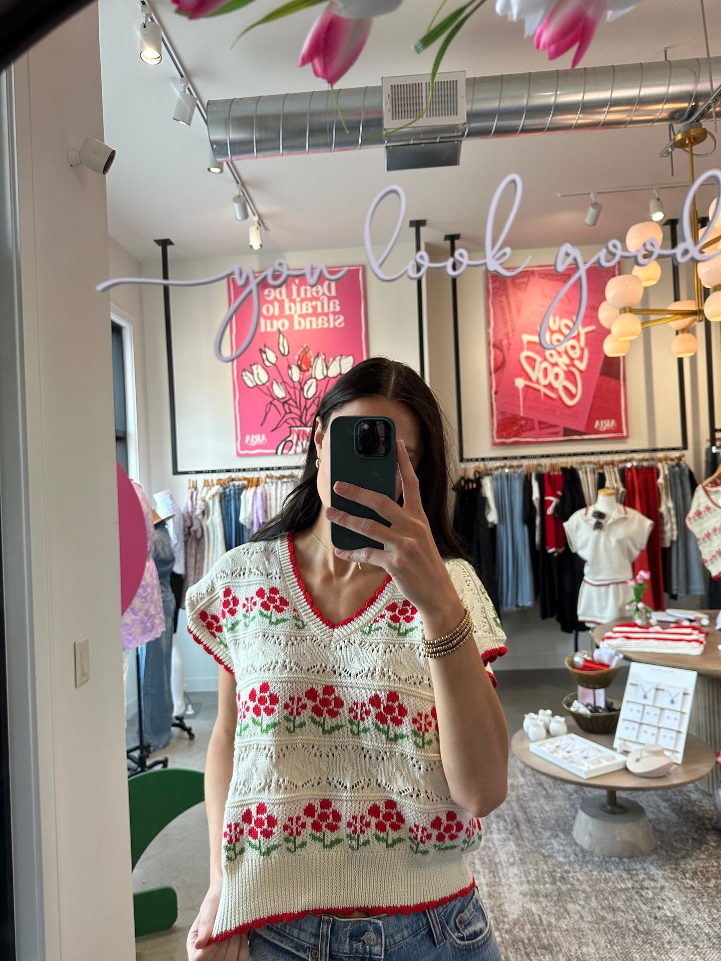 Ivory + Red Floral Knit Sweater Vest