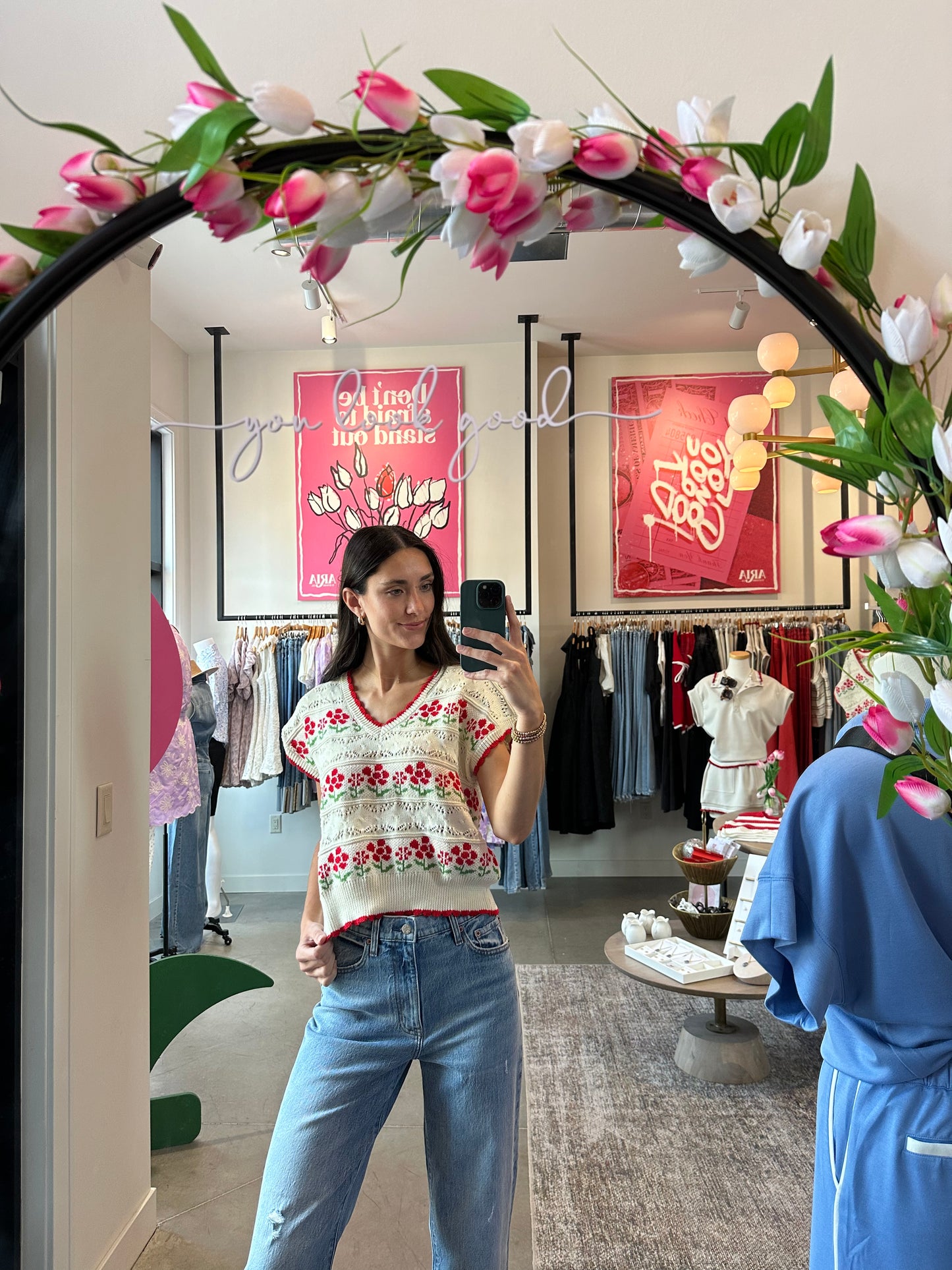 Ivory + Red Floral Knit Sweater Vest