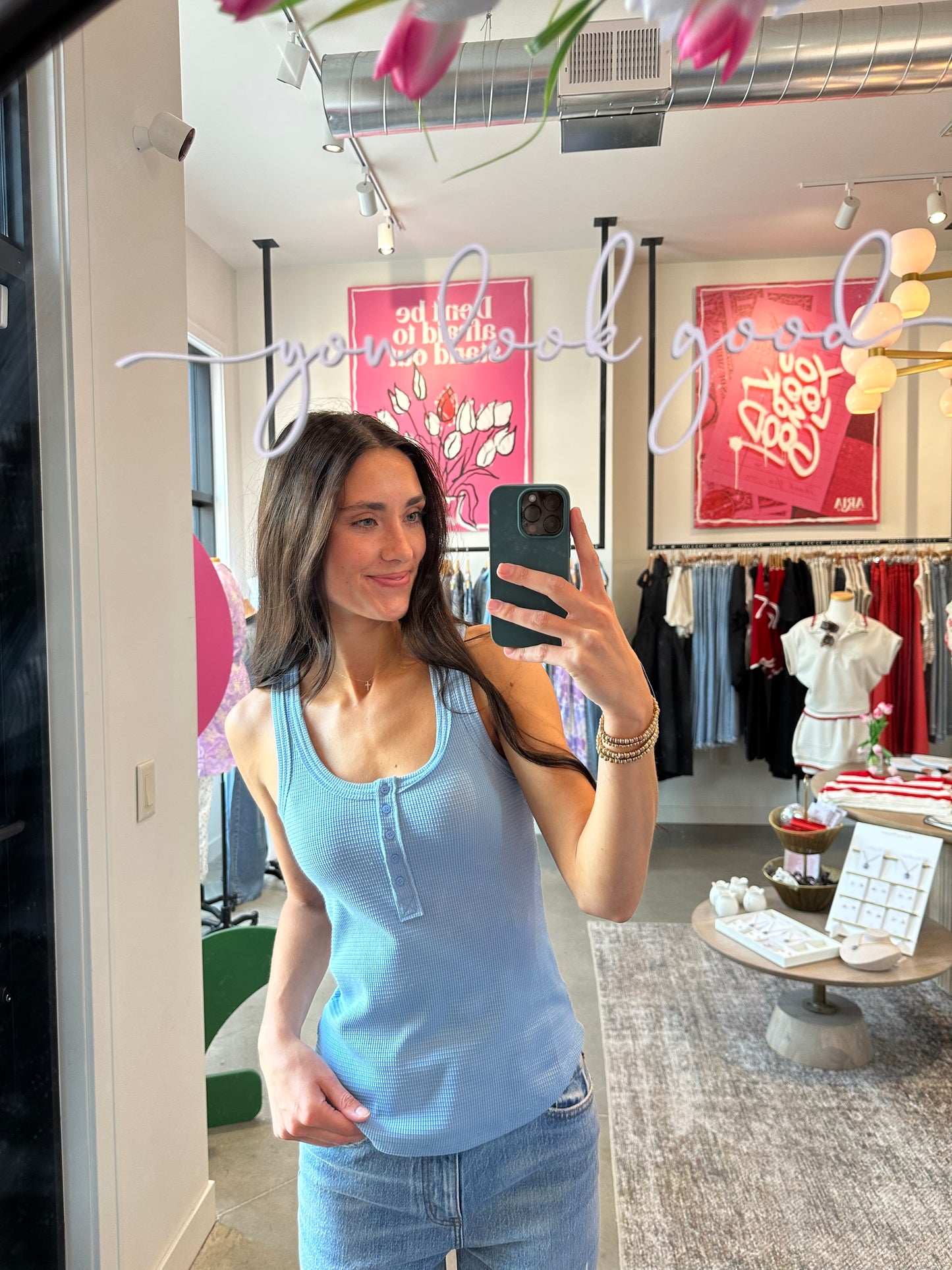 Cloud Blue Fitted Button Tank