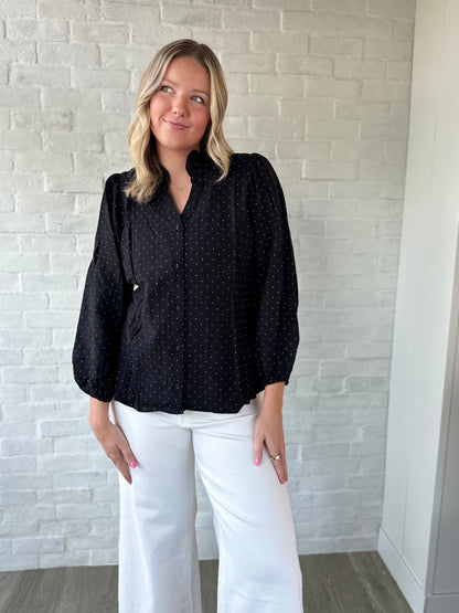 Black Mini Dot Ruffle Blouse