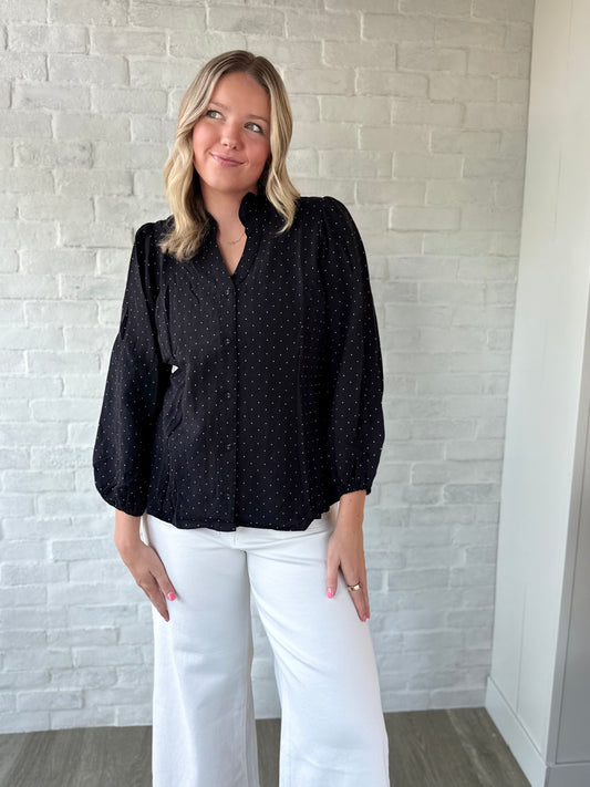 Black Mini Dot Ruffle Blouse