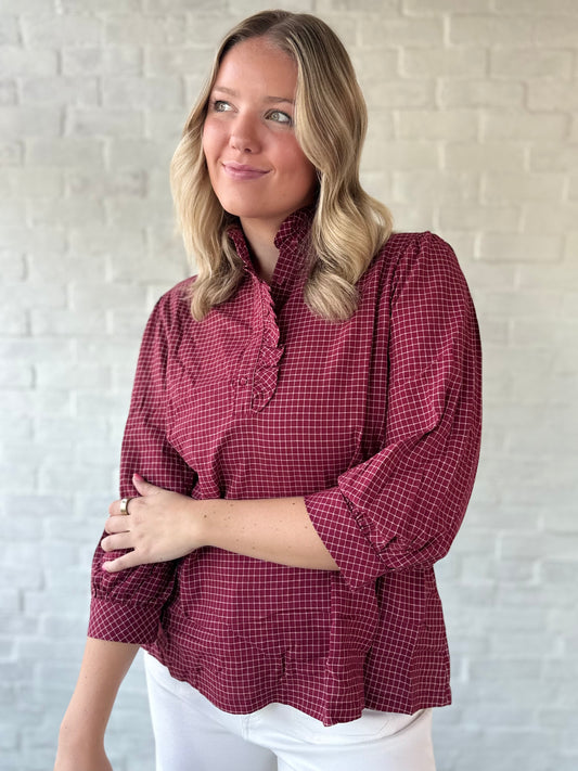 Crimson Checkered High Neck Blouse