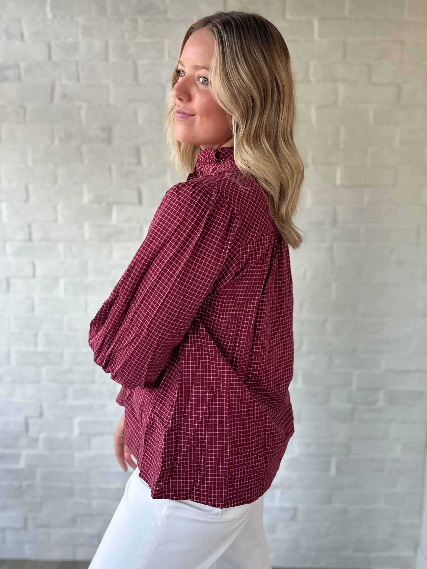 Crimson Checkered High Neck Blouse
