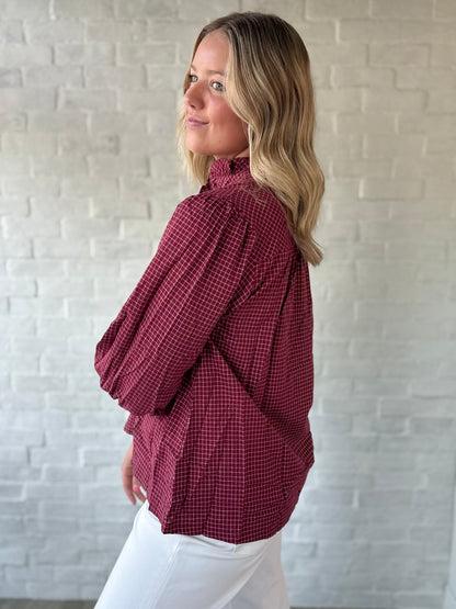 Crimson Checkered High Neck Blouse