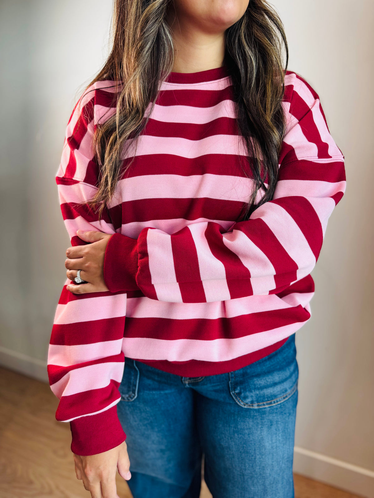 Burgundy + Pink Stripe Crewneck