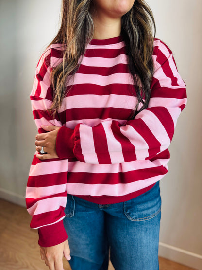 Burgundy + Pink Stripe Crewneck