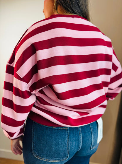 Burgundy + Pink Stripe Crewneck
