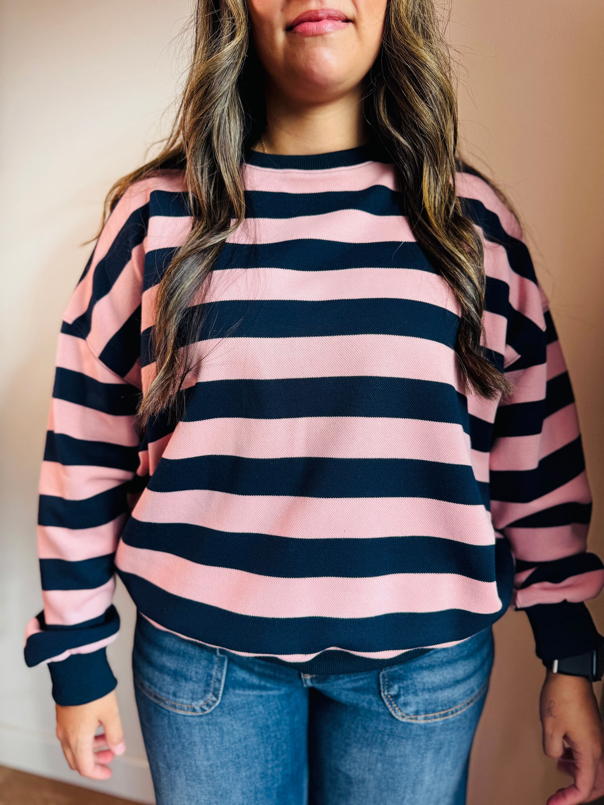 Navy + Pink Stripe Crewneck