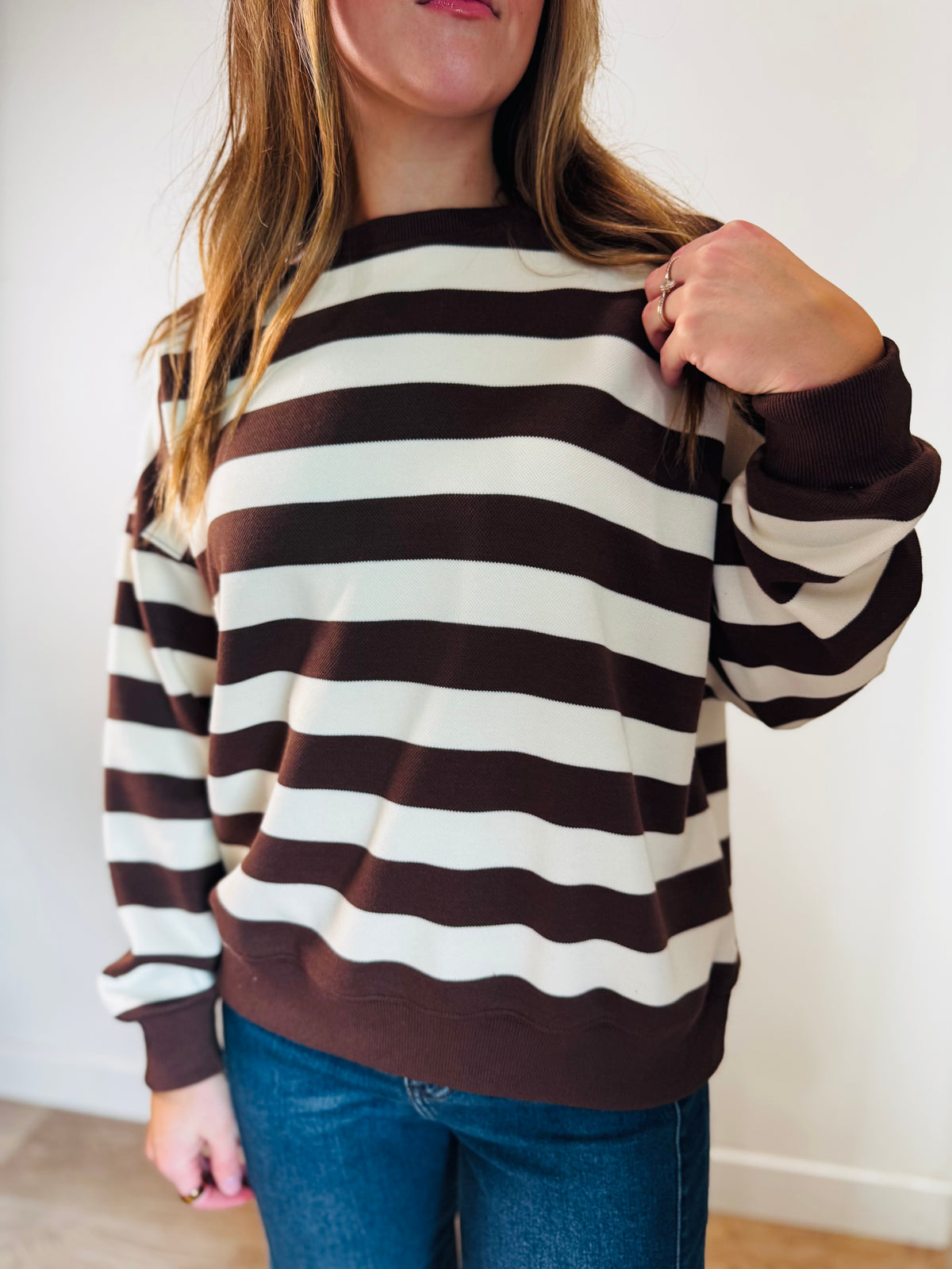 Brown + Cream Stripe Mockneck