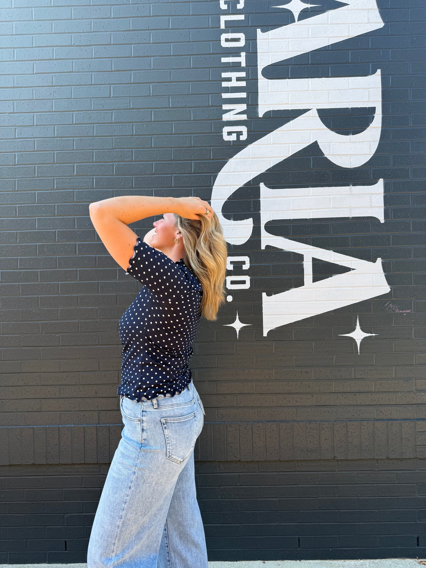 Navy High Neck Polka Dot Blouse