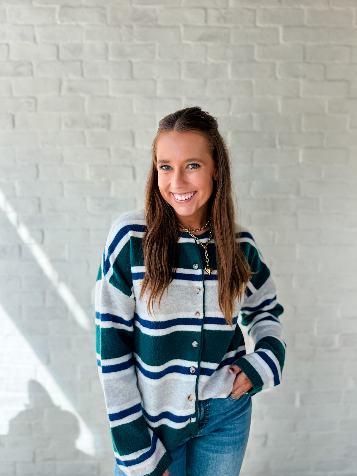 Green + Teal Multi Stripe Button Sweater