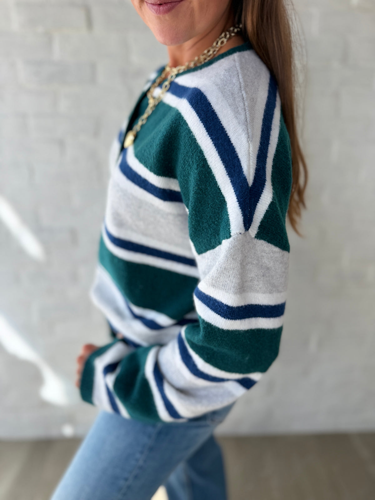 Green + Teal Multi Stripe Button Sweater