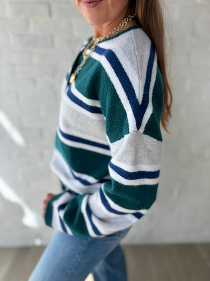 Green + Teal Multi Stripe Button Sweater