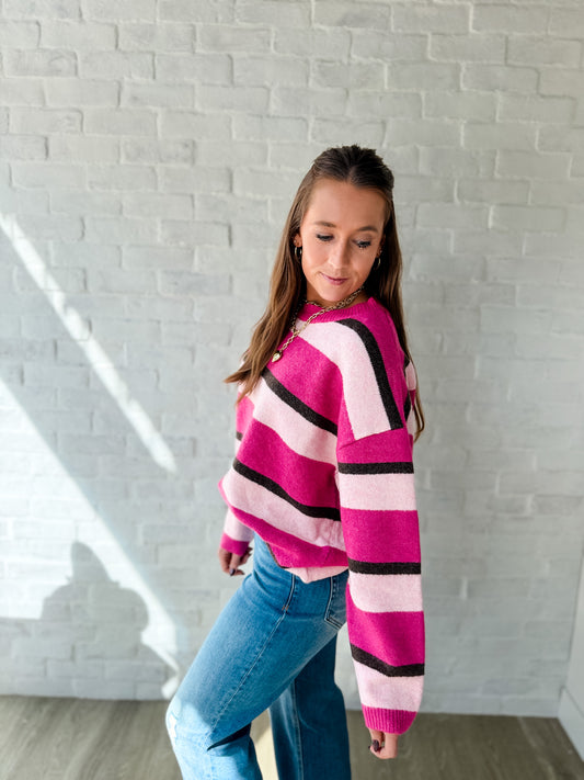 Hot Pink + Brown Stripe Sweater