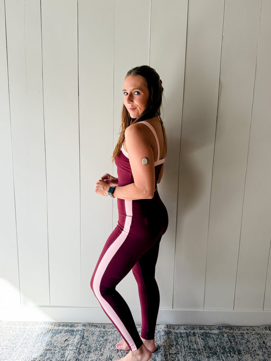 Burgundy + Pink Track Stripe Leggings