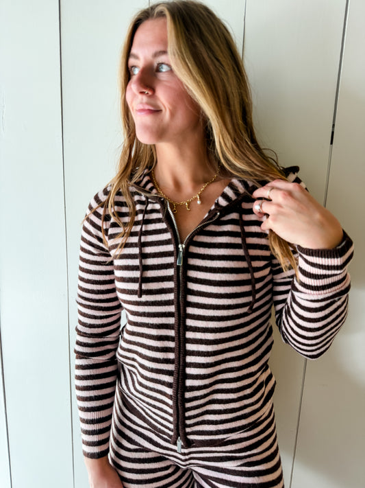 Pink + Brown Zip Up Sweater Hoodie