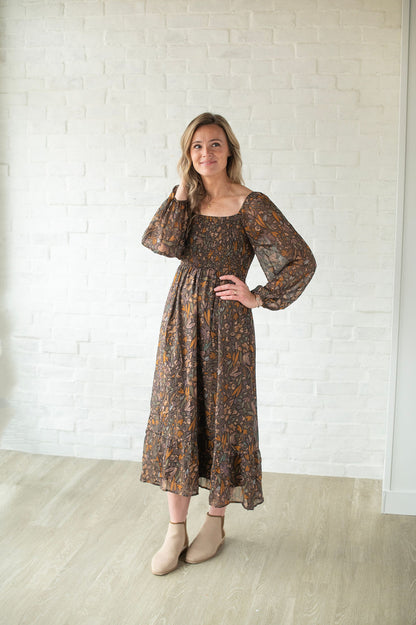 Floral Taupe Midi Dress