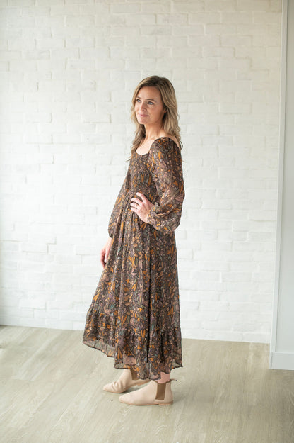 Floral Taupe Midi Dress
