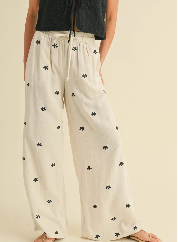 Oatmeal Floral Embroidery Linen Pants